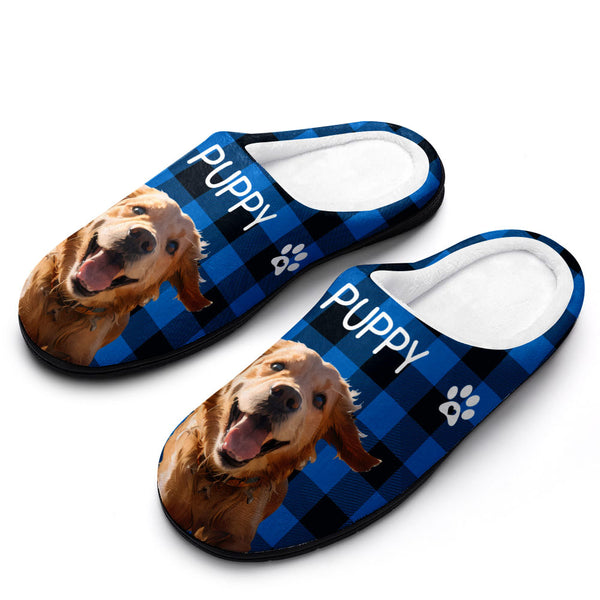 Custom Photo and Name Women Men Slippers With Footprint Personalized Blue Casual House Cotton Slippers Christmas Gift For Pet Lover