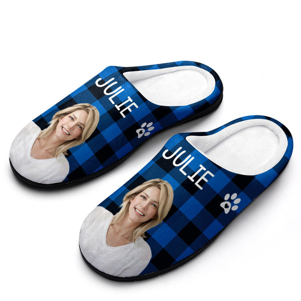 Custom Photo and Name Women Men Slippers With Footprint Personalized Green Casual House Cotton Slippers Christmas Gift For Pet Lover
