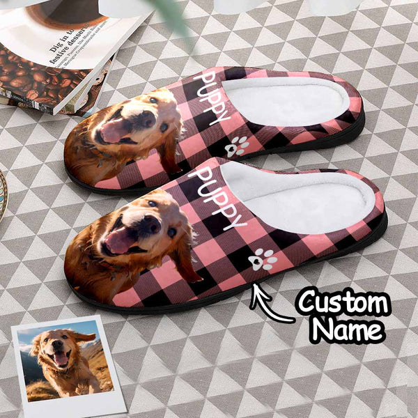 Custom Photo and Name Women Men Slippers With Footprint Personalized Blue Casual House Cotton Slippers Christmas Gift For Pet Lover