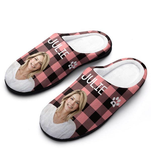 Custom Photo and Name Women Men Slippers With Footprint Personalized Pink Casual House Cotton Slippers Christmas Gift For Pet Lover