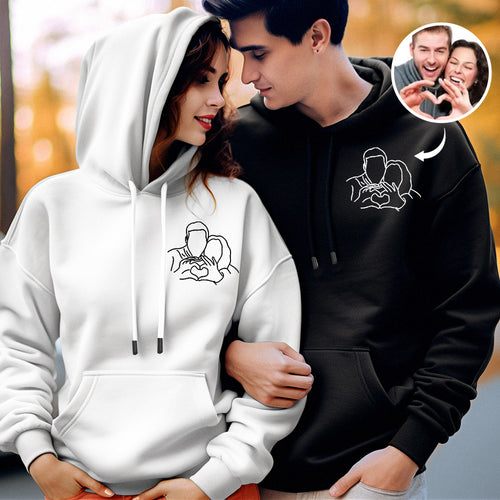 Custom Embroidered Pocket Portrait From Photo Outline Photo Sweatshirt Personalized Photo Couple Hoodie Gift For Bf