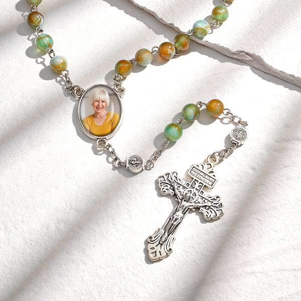 Custom Rosary Beads Cross Necklace Personalized Green Necklace with Photo - SantaSocks