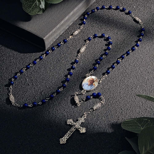 Custom Rosary Beads Cross Necklace Personalized Blue Imitation Pearls Necklace with Photo - SantaSocks