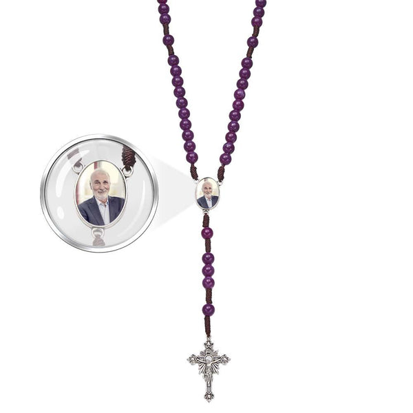 Custom Rosary Beads Cross Necklace Personalized Handmade Purple Necklace with Photo - SantaSocks