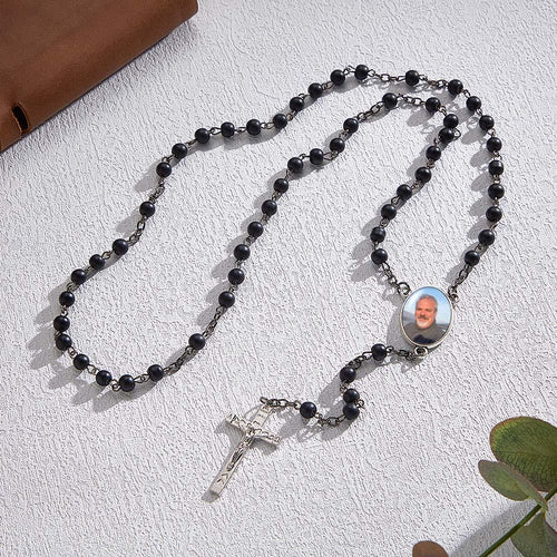 Custom Rosary Beads Cross Necklace Personalized Black Frosted Agate Necklace with Photo - SantaSocks