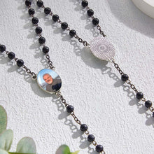 Custom Rosary Beads Cross Necklace Personalized Black Frosted Agate Necklace with Photo - SantaSocks