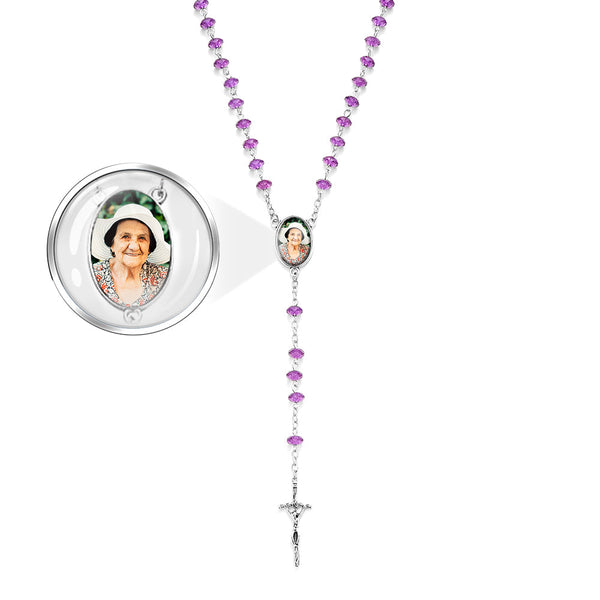 Custom Rosary Beads Cross Necklace Personalized Purple Flat Beads Necklace with Photo - SantaSocks