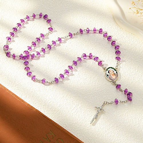 Custom Rosary Beads Cross Necklace Personalized Purple Flat Beads Necklace with Photo - SantaSocks