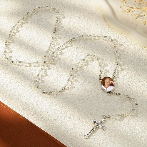 Custom Rosary Beads Cross Necklace Personalized White Color Plated Crystal Beads Necklace with Photo - SantaSocks