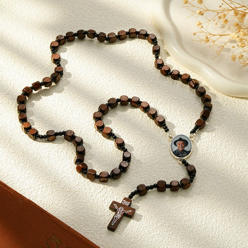 Custom Rosary Beads Cross Necklace Personalized Square Wooden Beads Necklace with Photo - SantaSocks