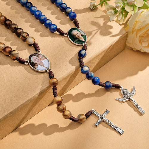 Custom Rosary Beads Cross Necklace Personalized Imitation Agate Beads Hand Woven Necklace with Photo - SantaSocks