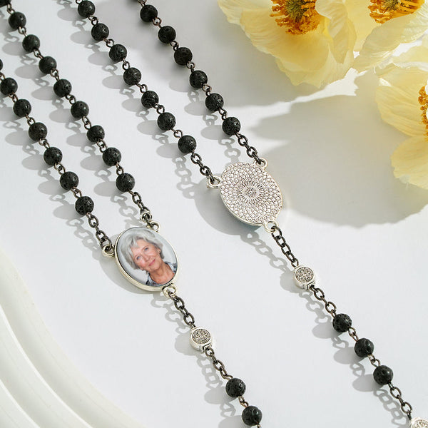 Custom Rosary Beads Cross Necklace Personalized Volcanic Stone Necklace with Photo - SantaSocks
