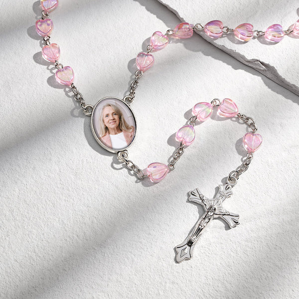 Custom Rosary Beads Cross Necklace Personalized Cross Heart Necklace with Photo - SantaSocks