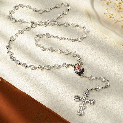 Custom Rosary Beads Cross Necklace Personalized Vintage Alloy Beads Necklace with Photo - SantaSocks