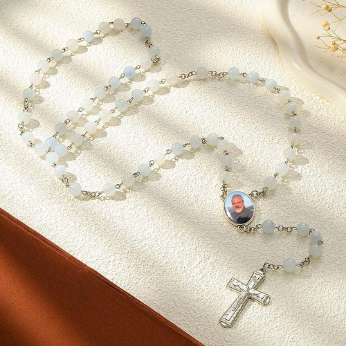 Custom Rosary Beads Cross Necklace Personalized White Acrylic Luminous Beads Necklace with Photo - SantaSocks