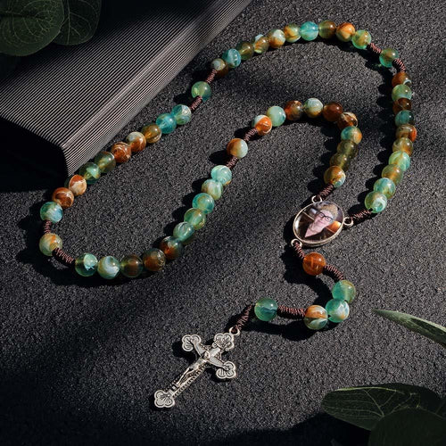 Custom Rosary Beads Cross Necklace Personalized Imitation Agate Round Beads Necklace with Photo - SantaSocks