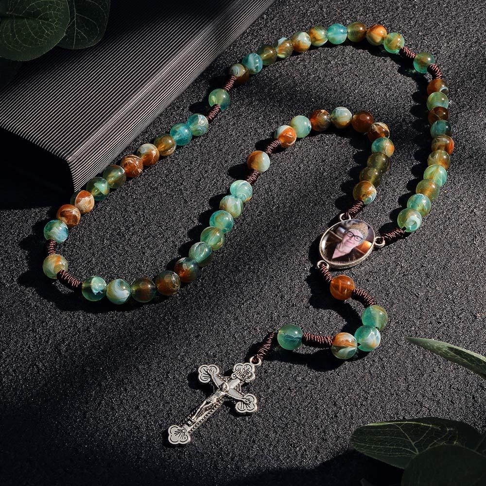 Custom Rosary Beads Cross Necklace Personalized Imitation Agate Round Beads Necklace with Photo - SantaSocks