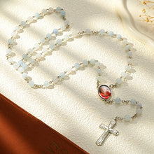 Custom Rosary Beads Cross Necklace Personalized Aquamarine Chalcedony Beads Necklace with Photo - SantaSocks