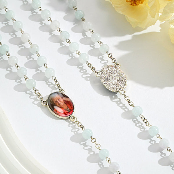 Custom Rosary Beads Cross Necklace Personalized Aquamarine Chalcedony Beads Necklace with Photo - SantaSocks