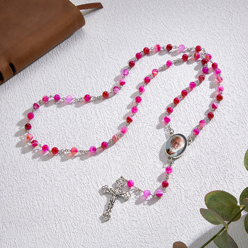 Custom Rosary Beads Cross Necklace Personalized Purple Agate Beads Necklace with Photo - SantaSocks