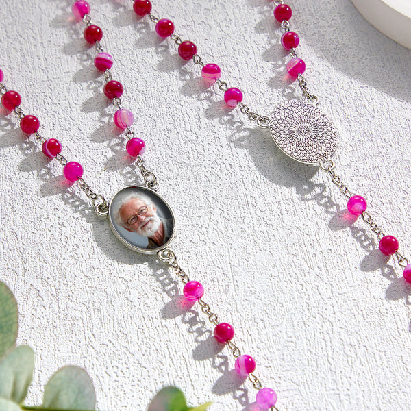 Custom Rosary Beads Cross Necklace Personalized Purple Agate Beads Necklace with Photo - SantaSocks