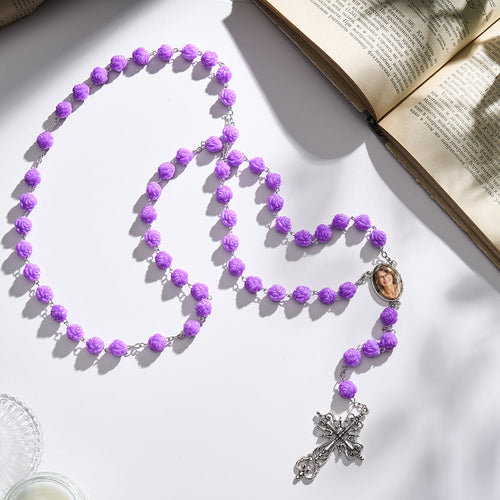 Custom Rosary Beads Cross Necklace Personalized Purple Double Sided Rose Necklace with Photo - SantaSocks