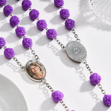 Custom Rosary Beads Cross Necklace Personalized Purple Double Sided Rose Necklace with Photo - SantaSocks