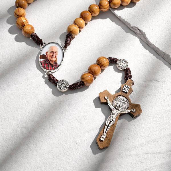 Custom Rosary Beads Cross Necklace Personalized Vintage Light Wood Beads Handwoven Necklace with Photo - SantaSocks