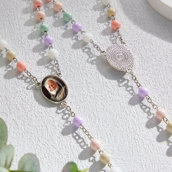 Custom Rosary Beads Cross Necklace Personalized Acrylic Macaron Color Beads Necklace with Photo - SantaSocks