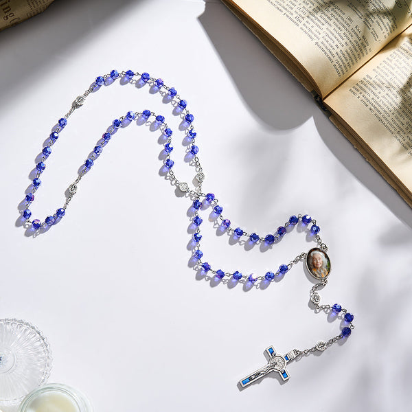 Custom Rosary Beads Cross Necklace Personalized Blue Crystal Necklace with Photo - SantaSocks