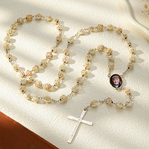 Custom Rosary Beads Cross Necklace Personalized Golden Rose Beads Necklace with Photo - SantaSocks