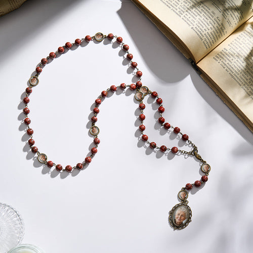 Custom Rosary Beads Cross Necklace Personalized Retro Sesame Stone Necklace with Photo - SantaSocks