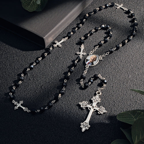 Custom Rosary Beads Cross Necklace Personalized Gothic Cross Necklace with Photo - SantaSocks