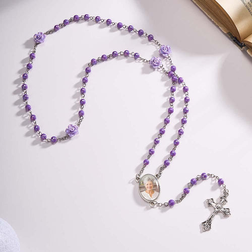 Custom Rosary Beads Cross Necklace Personalized Plated Purple Rose Beads Necklace with Photo - SantaSocks