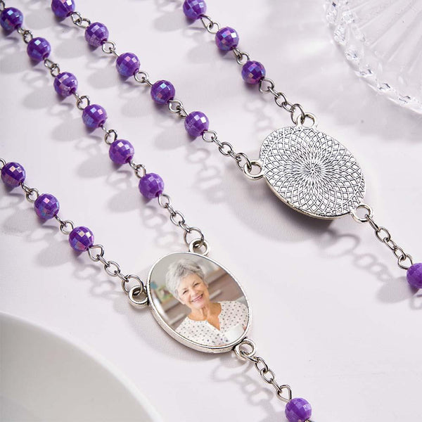 Custom Rosary Beads Cross Necklace Personalized Plated Purple Rose Beads Necklace with Photo - SantaSocks