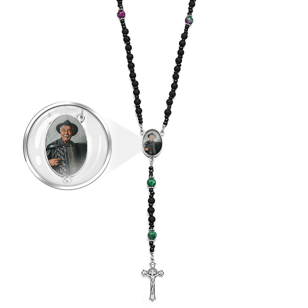 Custom Rosary Beads Cross Necklace Personalized Pattern Black Imitation Agate Necklace with Photo - SantaSocks