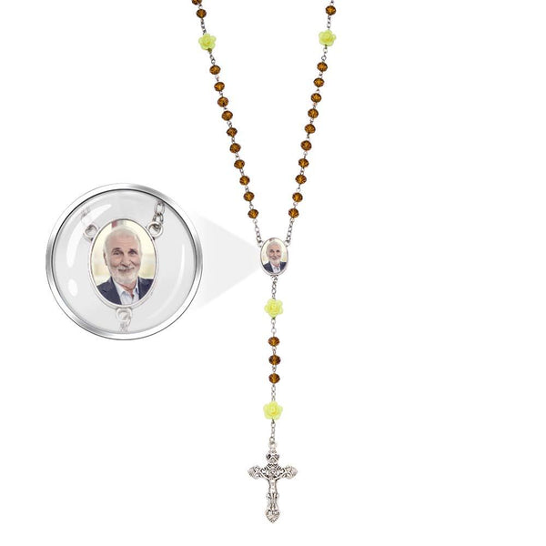 Custom Rosary Beads Cross Necklace Personalized Rose Crystal Necklace with Photo - SantaSocks
