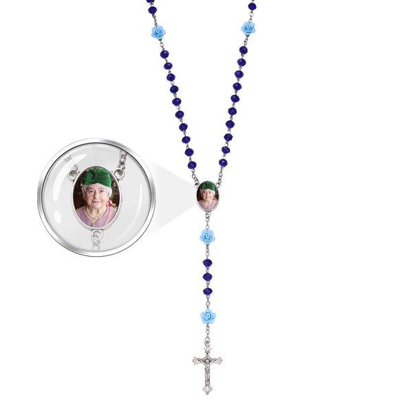 Custom Rosary Beads Cross Necklace Personalized Rose Crystal Necklace with Photo - SantaSocks