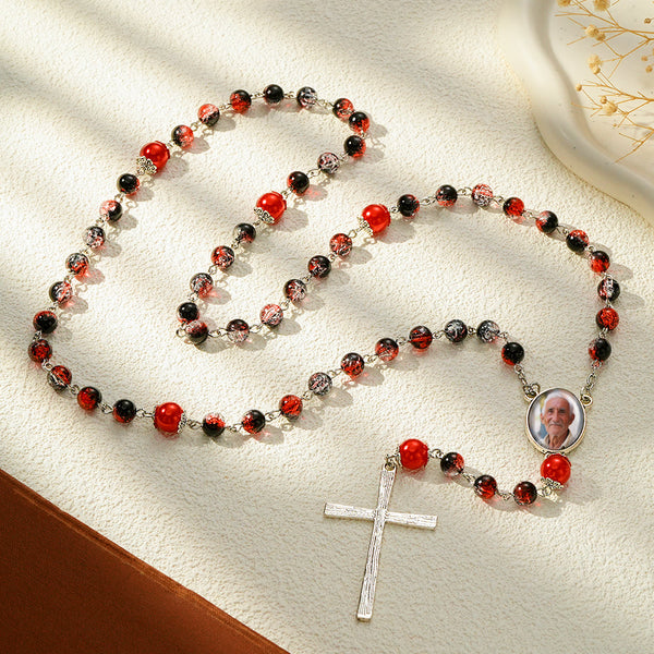Custom Rosary Beads Cross Necklace Personalized Acrylic Explosion Beads Long Style Necklace with Photo - SantaSocks
