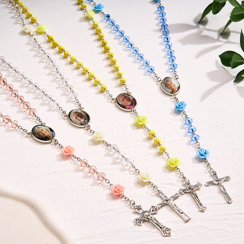 Custom Rosary Beads Cross Necklace Personalized Hip-Hop Style Multi-Color Crystal Necklace with Photo - SantaSocks