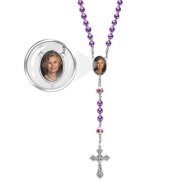 Custom Rosary Beads Cross Necklace Personalized Ceramic Rose Glass Imitation Pearl Necklace with Photo - SantaSocks
