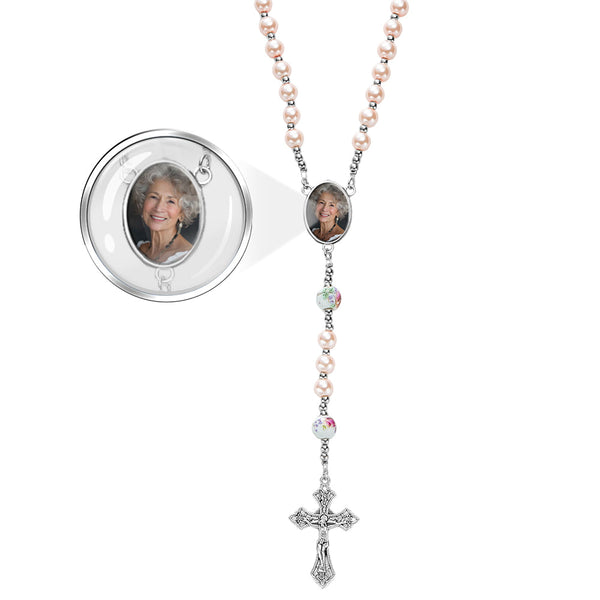 Custom Rosary Beads Cross Necklace Personalized Ceramic Rose Glass Imitation Pearl Necklace with Photo - SantaSocks