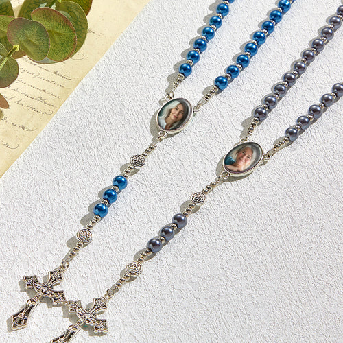 Custom Rosary Beads Cross Necklace Personalized Retro Glass Imitation Pearl Hollow Necklace with Photo - SantaSocks