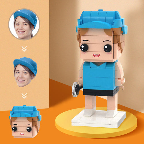 Customized Head Blue Dress Female Tennis Player Figures Small Particle Block Toy Customizable Brick Art Gifts