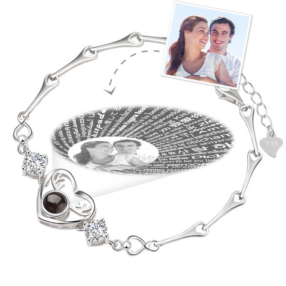 I Love You Bracelet in 100 Languages Projection Photo Engraved Bracelet Heart with Antlers Silver - SantaSocks