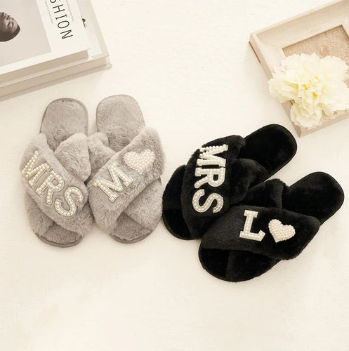 Custom Plush Slippers Personalized Bridal Fluffy Cross Pearls Slippers Wedding Gift for Bride