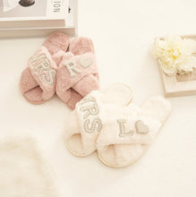 Custom Plush Slippers Personalized Bridal Fluffy Cross Pearls Slippers Wedding Gift for Bride