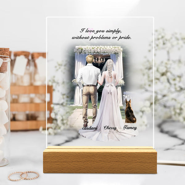 Personalized Bride and Bridegroom Wedding Scene Custom Wearing Hairstyle and Names Plaque Acrylic Lamp