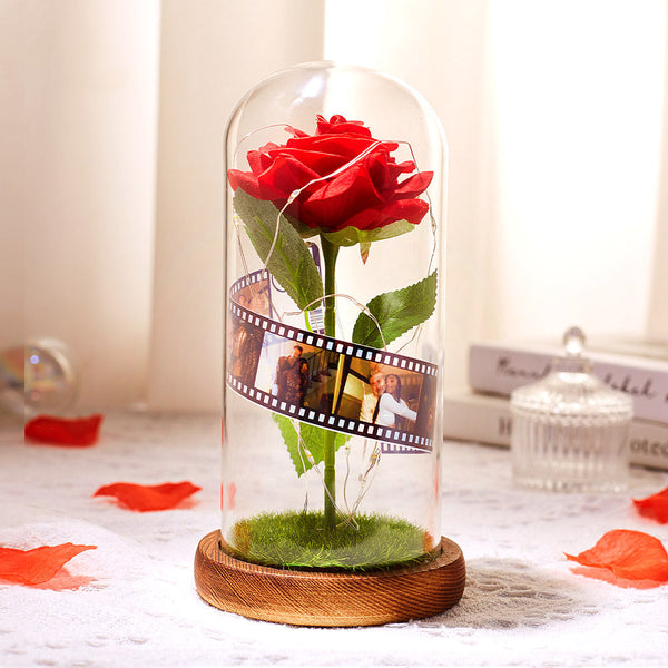 Custom Rose Flower in Glass Led Lamp Photo Album with Film Black Base - Gift for Her