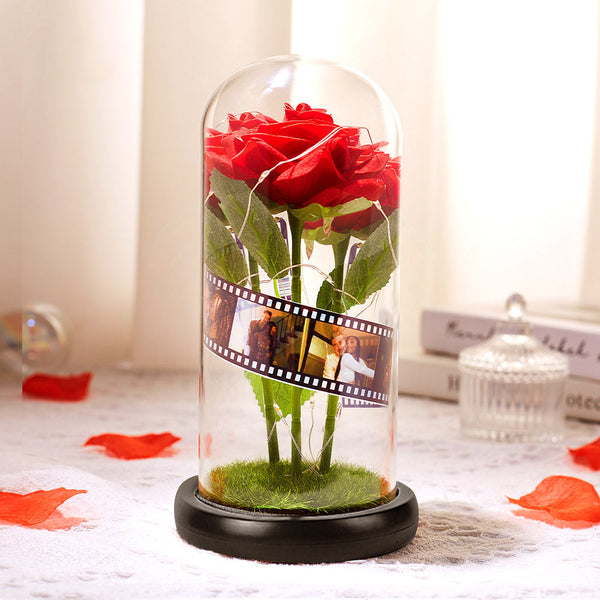 Custom Rose Flower in Glass Led Lamp Photo Album with Film Black Base - Gift for Her